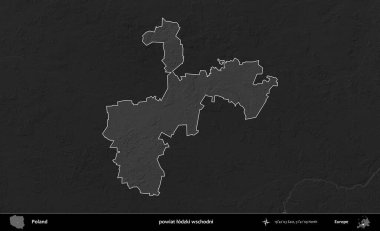 powiat lodzki wschodni. Polonya 'nın idari bölgesi kararmış bir gri tonlama yükseklik haritasına vurgulandı ve özetlendi