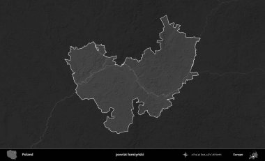powiat lomzynski. Polonya 'nın idari bölgesi kararmış bir gri tonlama yükseklik haritasına vurgulandı ve özetlendi