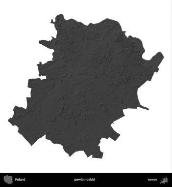 powiat losicki. Polonya 'nın idari bölgesi gri ölçekli yükseklik haritasında beyaza izole edildi