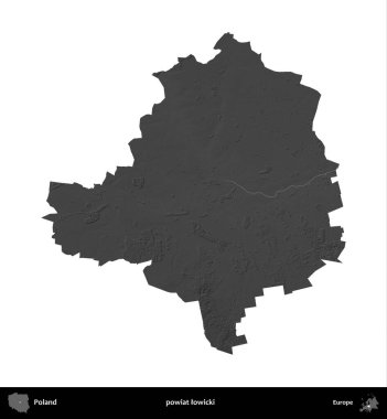 powiat lowicki. Polonya 'nın idari bölgesi gri ölçekli yükseklik haritasında beyaza izole edildi