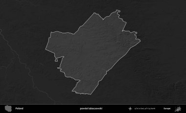 powiat lubaczowski. Polonya 'nın idari bölgesi kararmış bir gri tonlama yükseklik haritasına vurgulandı ve özetlendi
