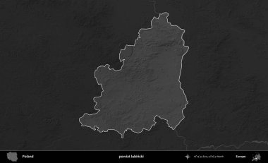 powiat lubinski. Polonya 'nın idari bölgesi kararmış bir gri tonlama yükseklik haritasına vurgulandı ve özetlendi
