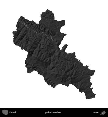 gmina Lutowiska. Polonya 'nın idari bölgesi gri ölçekli yükseklik haritasında beyaza izole edildi