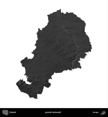 powiat lwowecki. Polonya 'nın idari bölgesi gri ölçekli yükseklik haritasında beyaza izole edildi