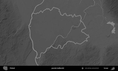 powiat malborski. Polonya 'nın idari bölgesini gri ölçekli bir yükseklik haritasında özetledim