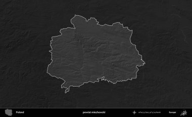 powiat miechowski. Polonya 'nın idari bölgesi kararmış bir gri tonlama yükseklik haritasına vurgulandı ve özetlendi