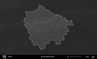 powiat miedzychodzki. Polonya 'nın idari bölgesi kararmış bir gri tonlama yükseklik haritasına vurgulandı ve özetlendi