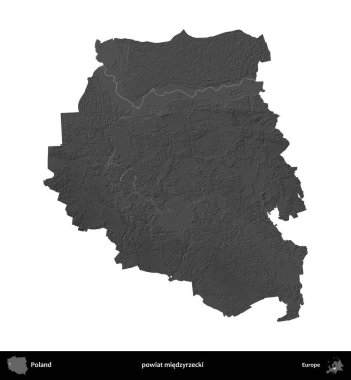 powiat miedzyrzecki. Polonya 'nın idari bölgesi gri ölçekli yükseklik haritasında beyaza izole edildi