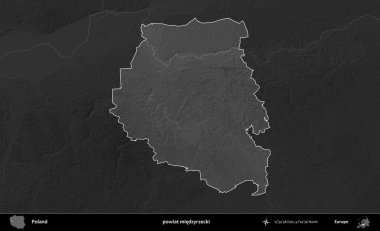 powiat miedzyrzecki. Polonya 'nın idari bölgesi kararmış bir gri tonlama yükseklik haritasına vurgulandı ve özetlendi