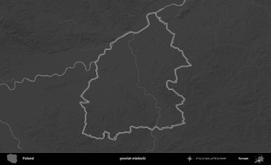 powiat mielecki. Polonya 'nın idari bölgesini gri ölçekli bir yükseklik haritasında özetledim
