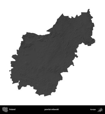 powiat mlawski. Polonya 'nın idari bölgesi gri ölçekli yükseklik haritasında beyaza izole edildi
