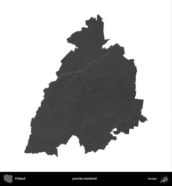 powiat moniecki. Polonya 'nın idari bölgesi gri ölçekli yükseklik haritasında beyaza izole edildi
