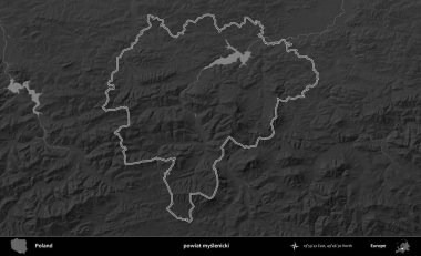 powiat myslenicki. Polonya 'nın idari bölgesini gri ölçekli bir yükseklik haritasında özetledim
