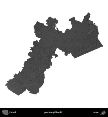 powiat mysliborski. Polonya 'nın idari bölgesi gri ölçekli yükseklik haritasında beyaza izole edildi