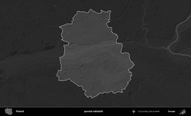 powiat nakielski. Polonya 'nın idari bölgesi kararmış bir gri tonlama yükseklik haritasına vurgulandı ve özetlendi