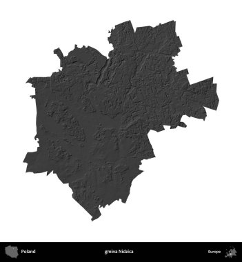 gmina Nidzica. Polonya 'nın idari bölgesi gri ölçekli yükseklik haritasında beyaza izole edildi