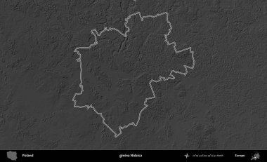 gmina Nidzica. Polonya 'nın idari bölgesini gri ölçekli bir yükseklik haritasında özetledim