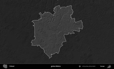 gmina Nidzica. Polonya 'nın idari bölgesi kararmış bir gri tonlama yükseklik haritasına vurgulandı ve özetlendi