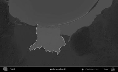 Powiat nowdworski. Polonya 'nın idari bölgesi kararmış bir gri tonlama yükseklik haritasına vurgulandı ve özetlendi