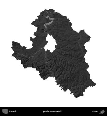 Şimdi powiat nowosadecki. Polonya 'nın idari bölgesi gri ölçekli yükseklik haritasında beyaza izole edildi