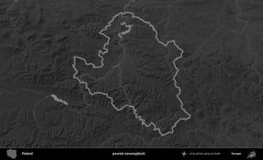 Şimdi powiat nowosadecki. Polonya 'nın idari bölgesini gri ölçekli bir yükseklik haritasında özetledim