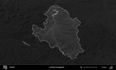 Şimdi powiat nowosadecki. Polonya 'nın idari bölgesi kararmış bir gri tonlama yükseklik haritasına vurgulandı ve özetlendi
