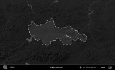 Şimdi powiat nowotarski. Polonya 'nın idari bölgesi kararmış bir gri tonlama yükseklik haritasına vurgulandı ve özetlendi