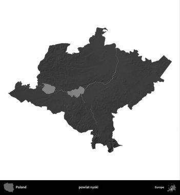 Powiat Niki. Polonya 'nın idari bölgesi gri ölçekli yükseklik haritasında beyaza izole edildi