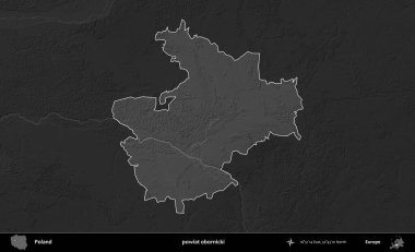 powiat obornicki. Polonya 'nın idari bölgesi kararmış bir gri tonlama yükseklik haritasına vurgulandı ve özetlendi