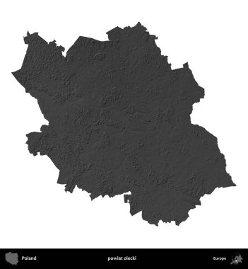 powiat olecki. Polonya 'nın idari bölgesi gri ölçekli yükseklik haritasında beyaza izole edildi