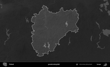 powiat olsztynski. Polonya 'nın idari bölgesi kararmış bir gri tonlama yükseklik haritasına vurgulandı ve özetlendi