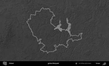 gmina Olsztynek. Polonya 'nın idari bölgesini gri ölçekli bir yükseklik haritasında özetledim