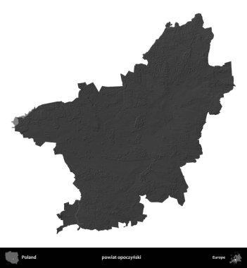 powiat opoczynski. Polonya 'nın idari bölgesi gri ölçekli yükseklik haritasında beyaza izole edildi