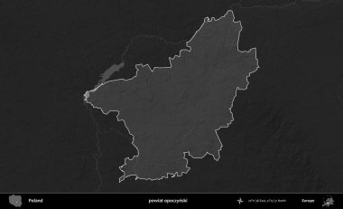 powiat opoczynski. Polonya 'nın idari bölgesi kararmış bir gri tonlama yükseklik haritasına vurgulandı ve özetlendi