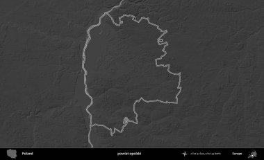 powiat opolski. Polonya 'nın idari bölgesini gri ölçekli bir yükseklik haritasında özetledim