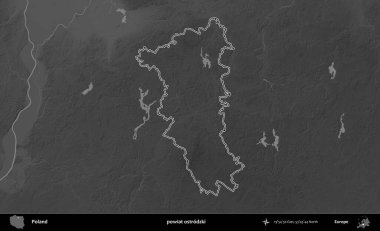 powiat ostrodzki. Polonya 'nın idari bölgesini gri ölçekli bir yükseklik haritasında özetledim