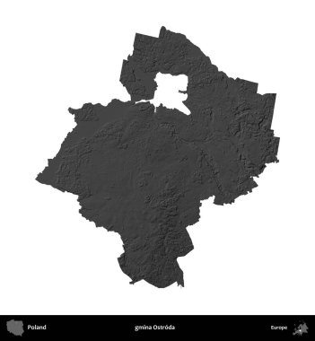 gmina Ostroda. Polonya 'nın idari bölgesi gri ölçekli yükseklik haritasında beyaza izole edildi
