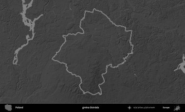 gmina Ostroda. Polonya 'nın idari bölgesini gri ölçekli bir yükseklik haritasında özetledim