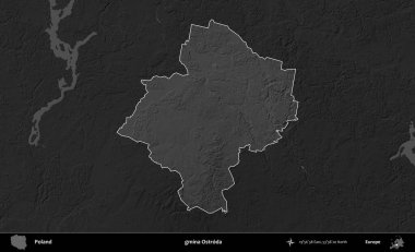 gmina Ostroda. Polonya 'nın idari bölgesi kararmış bir gri tonlama yükseklik haritasına vurgulandı ve özetlendi