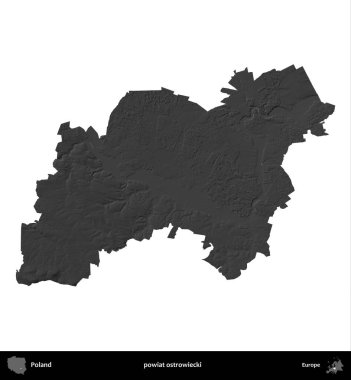 powiat ostrowiecki. Polonya 'nın idari bölgesi gri ölçekli yükseklik haritasında beyaza izole edildi