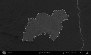 powiat ostrowiecki. Polonya 'nın idari bölgesi kararmış bir gri tonlama yükseklik haritasına vurgulandı ve özetlendi