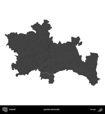 powiat ostrowski. Polonya 'nın idari bölgesi gri ölçekli yükseklik haritasında beyaza izole edildi