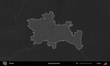 powiat ostrowski. Polonya 'nın idari bölgesi kararmış bir gri tonlama yükseklik haritasına vurgulandı ve özetlendi