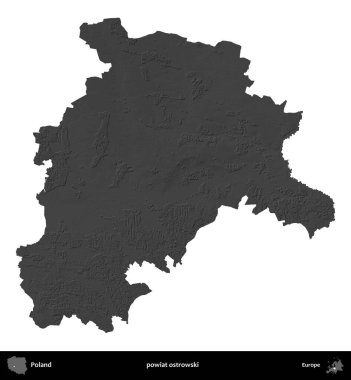powiat ostrowski. Polonya 'nın idari bölgesi gri ölçekli yükseklik haritasında beyaza izole edildi
