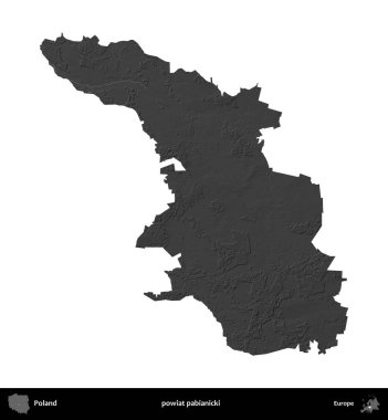 powiat pabianicki. Polonya 'nın idari bölgesi gri ölçekli yükseklik haritasında beyaza izole edildi