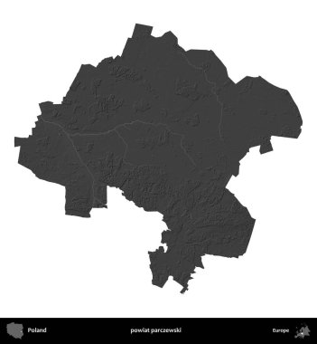 Powiat parchewski. Polonya 'nın idari bölgesi gri ölçekli yükseklik haritasında beyaza izole edildi