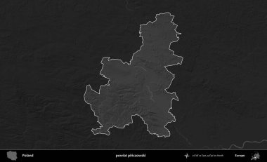 powiat pinczowski. Polonya 'nın idari bölgesi kararmış bir gri tonlama yükseklik haritasına vurgulandı ve özetlendi