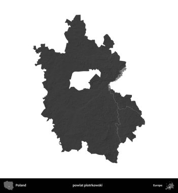powiat piotrkowski. Polonya 'nın idari bölgesi gri ölçekli yükseklik haritasında beyaza izole edildi