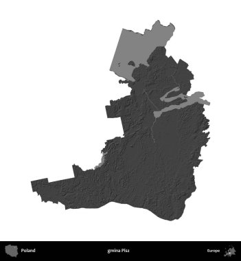 gmina Pisz. Polonya 'nın idari bölgesi gri ölçekli yükseklik haritasında beyaza izole edildi
