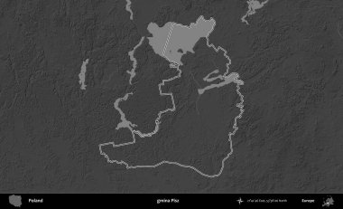 gmina Pisz. Polonya 'nın idari bölgesini gri ölçekli bir yükseklik haritasında özetledim